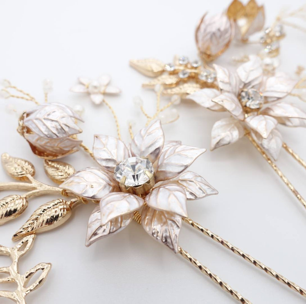 【ヘッドドレス】小枝 ゴールド フラワー 4P ヘアピン/ブライダルアクセサリー 【結婚式 ヘアアクセサリー】