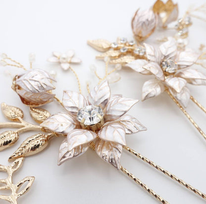 【ヘッドドレス】小枝 ゴールド フラワー 4P ヘアピン/ブライダルアクセサリー 【結婚式 ヘアアクセサリー】