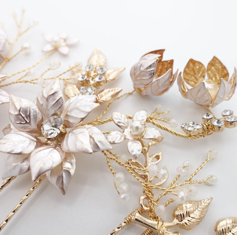 【ヘッドドレス】小枝 ゴールド フラワー 4P ヘアピン/ブライダルアクセサリー 【結婚式 ヘアアクセサリー】