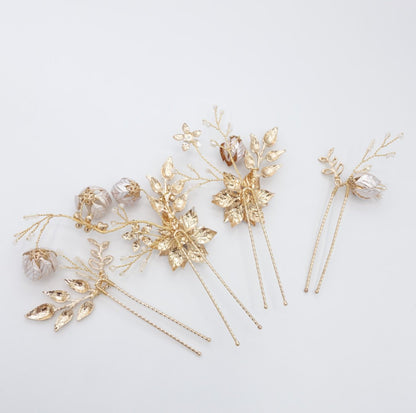 【ヘッドドレス】小枝 ゴールド フラワー 4P ヘアピン/ブライダルアクセサリー 【結婚式 ヘアアクセサリー】