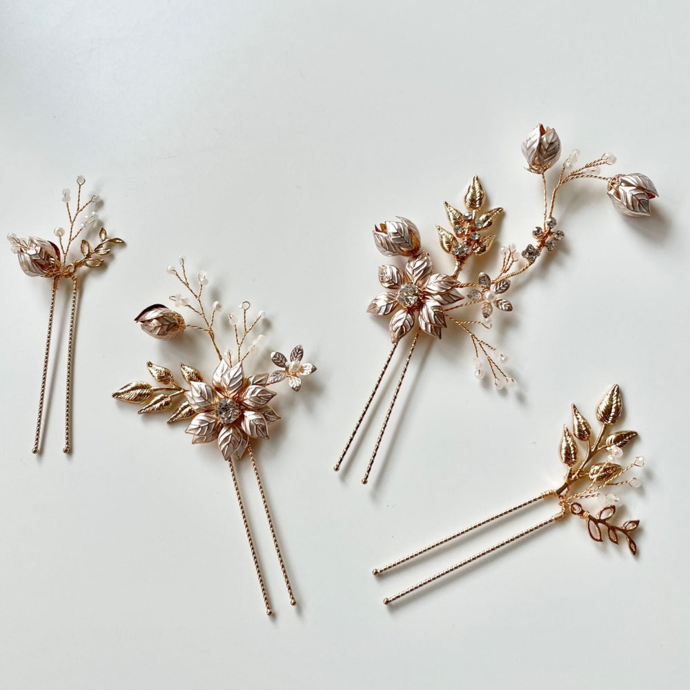 【ヘッドドレス】小枝 ゴールド フラワー 4P ヘアピン/ブライダルアクセサリー 【結婚式 ヘアアクセサリー】