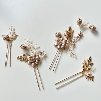 【ヘッドドレス】小枝 ゴールド フラワー 4P ヘアピン/ブライダルアクセサリー 【結婚式 ヘアアクセサリー】