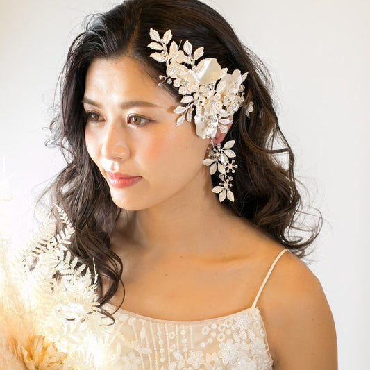 【ヘッドドレス】小枝 プラチナメタル フラワー&リーフ ブライダルアクセサリー 【結婚式 ヘアアクセサリー】