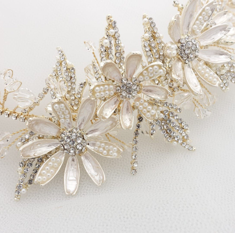 【ヘッドドレス】小枝 デイジーフラワー マットゴールド ブライダルアクセサリー 【結婚式 ヘアアクセサリー】