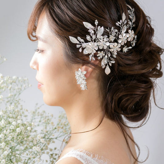 【ヘッドドレス】小枝 マットフラワー&リー ブライダルアクセサリー 【結婚式 ヘアアクセサリー】