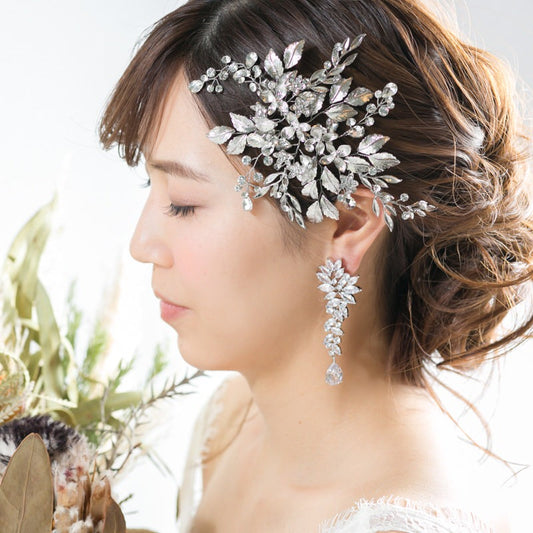 【ヘッドドレス】小枝 シルバーフラワー&リーフ ブライダルアクセサリー 【結婚式 ヘアアクセサリー】