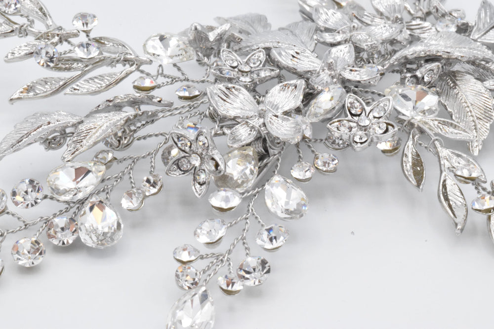 【ヘッドドレス】小枝 シルバーフラワー&リーフ ブライダルアクセサリー 【結婚式 ヘアアクセサリー】