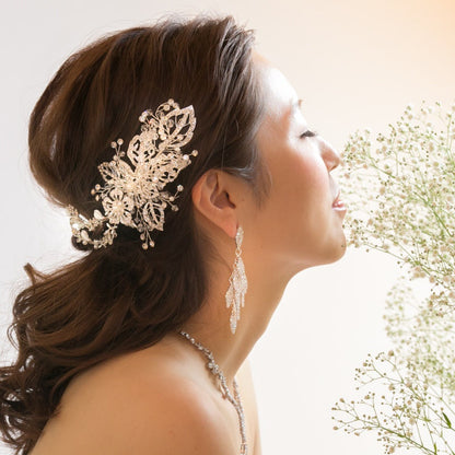 【ヘッドドレス】華やか シルバー リーフ ビジュー ボンネ ブライダルアクセサリー 【結婚式 ヘアアクセサリー】