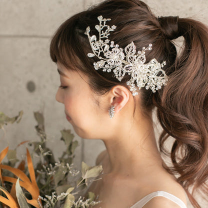 【ヘッドドレス】華やか シルバー リーフ ビジュー ボンネ ブライダルアクセサリー 【結婚式 ヘアアクセサリー】