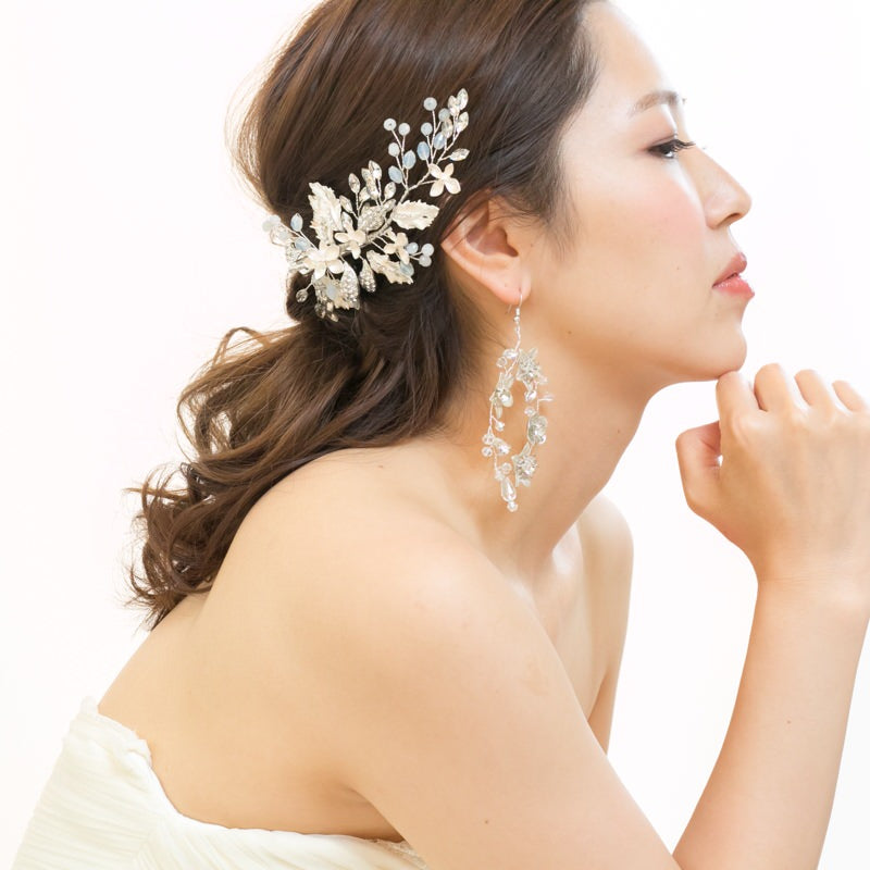 【ヘッドドレス】ナチュラルマットシルバーフラワー&リーフ ブライダルアクセサリー 【結婚式 ヘアアクセサリー】