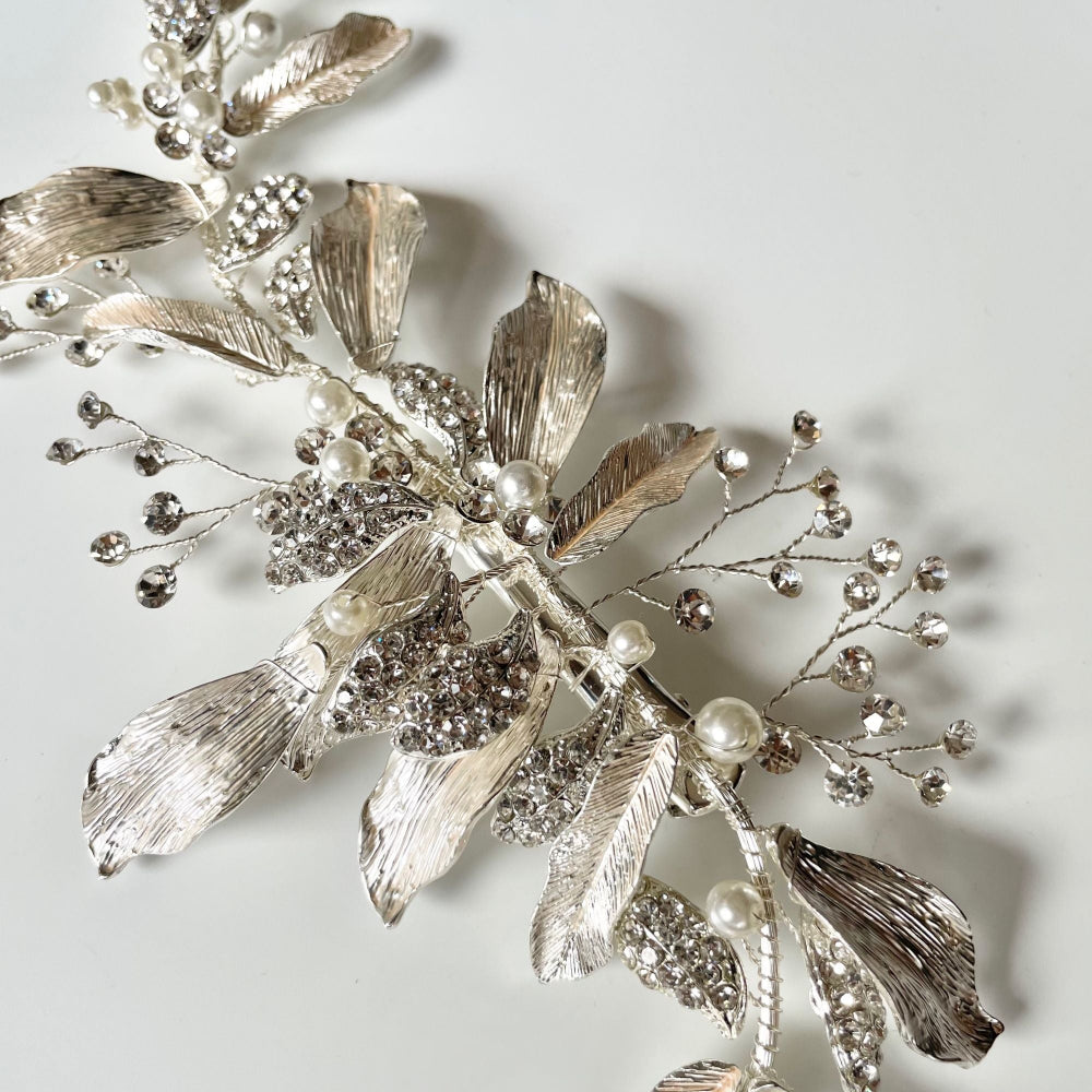 【ヘッドドレス】華やか マット&ラインストーン リーフ ブライダルアクセサリー 【結婚式 ヘアアクセサリー】