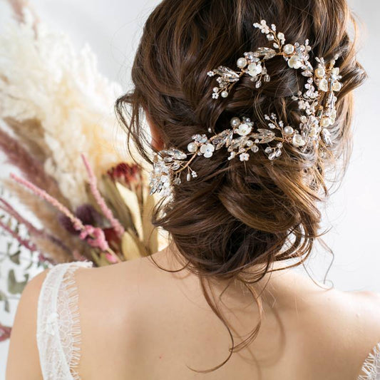 【ヘッドドレス】華やか 小枝 フラワー バレッタ ゴールド/ブライダルアクセサリー 【結婚式 ヘアアクセサリー】