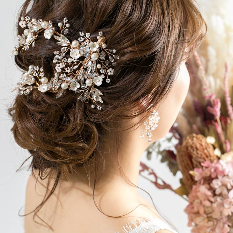 【ヘッドドレス】華やか 小枝 フラワー バレッタ ゴールド/ブライダルアクセサリー 【結婚式 ヘアアクセサリー】