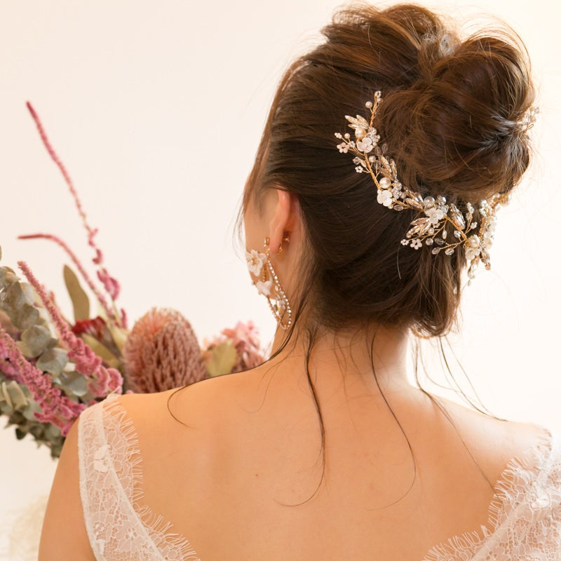 【ヘッドドレス】華やか 小枝 フラワー バレッタ ゴールド/ブライダルアクセサリー 【結婚式 ヘアアクセサリー】
