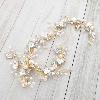 【ヘッドドレス】華やか 小枝 フラワー バレッタ ゴールド/ブライダルアクセサリー 【結婚式 ヘアアクセサリー】