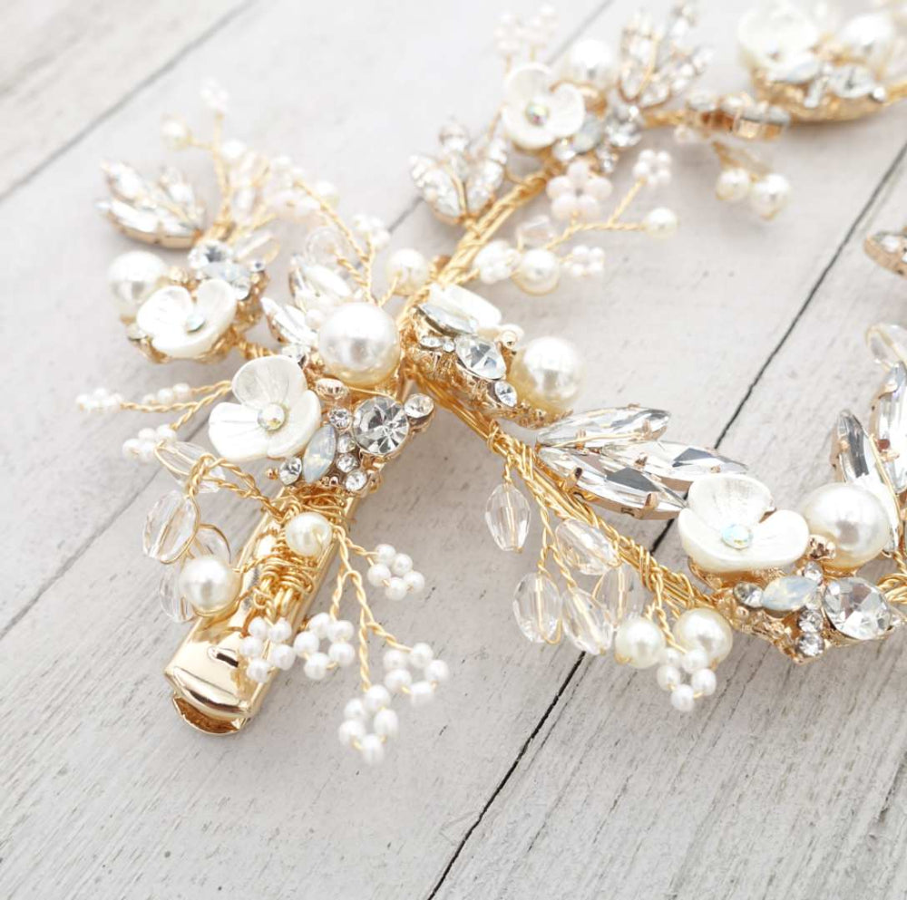【ヘッドドレス】華やか 小枝 フラワー バレッタ ゴールド/ブライダルアクセサリー 【結婚式 ヘアアクセサリー】