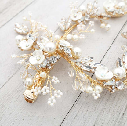 【ヘッドドレス】華やか 小枝 フラワー バレッタ ゴールド/ブライダルアクセサリー 【結婚式 ヘアアクセサリー】