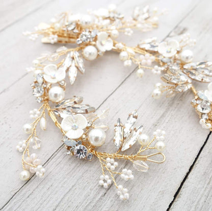 【ヘッドドレス】華やか 小枝 フラワー バレッタ ゴールド/ブライダルアクセサリー 【結婚式 ヘアアクセサリー】