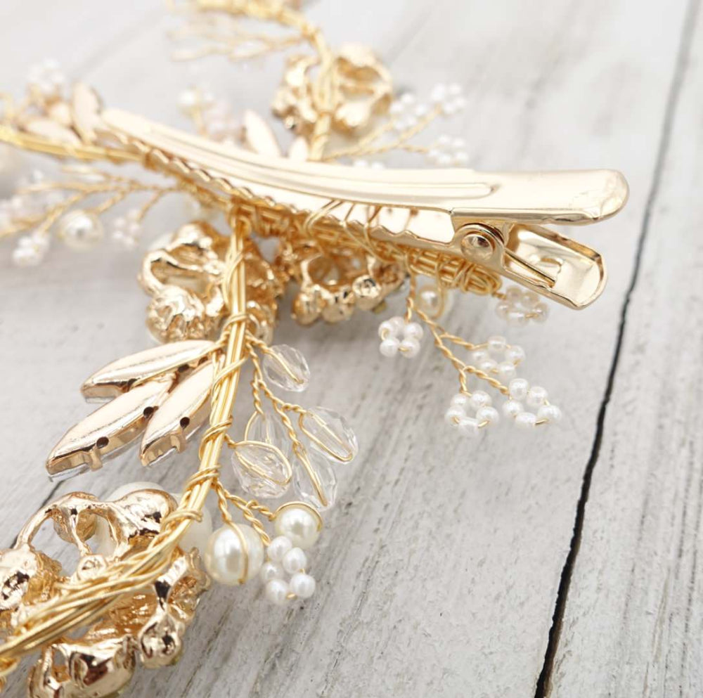 【ヘッドドレス】華やか 小枝 フラワー バレッタ ゴールド/ブライダルアクセサリー 【結婚式 ヘアアクセサリー】