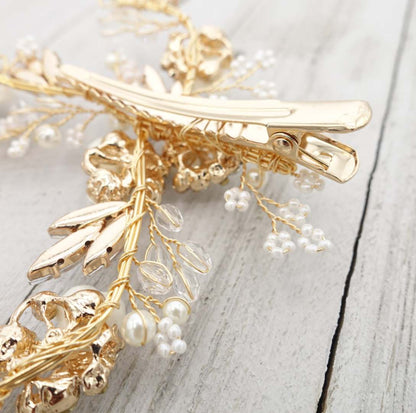 【ヘッドドレス】華やか 小枝 フラワー バレッタ ゴールド/ブライダルアクセサリー 【結婚式 ヘアアクセサリー】