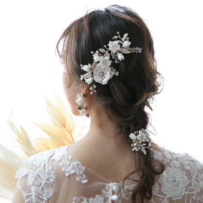 【ヘッドドレス】小枝 ゴールド & ホワイト フラワー 3P ブライダルアクセサリー 【結婚式 ヘアアクセサリー】