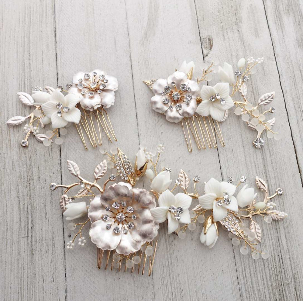 【ヘッドドレス】小枝 ゴールド & ホワイト フラワー 3P ブライダルアクセサリー 【結婚式 ヘアアクセサリー】