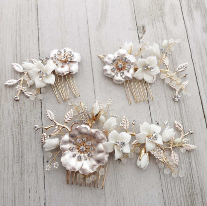 【ヘッドドレス】小枝 ゴールド & ホワイト フラワー 3P ブライダルアクセサリー 【結婚式 ヘアアクセサリー】