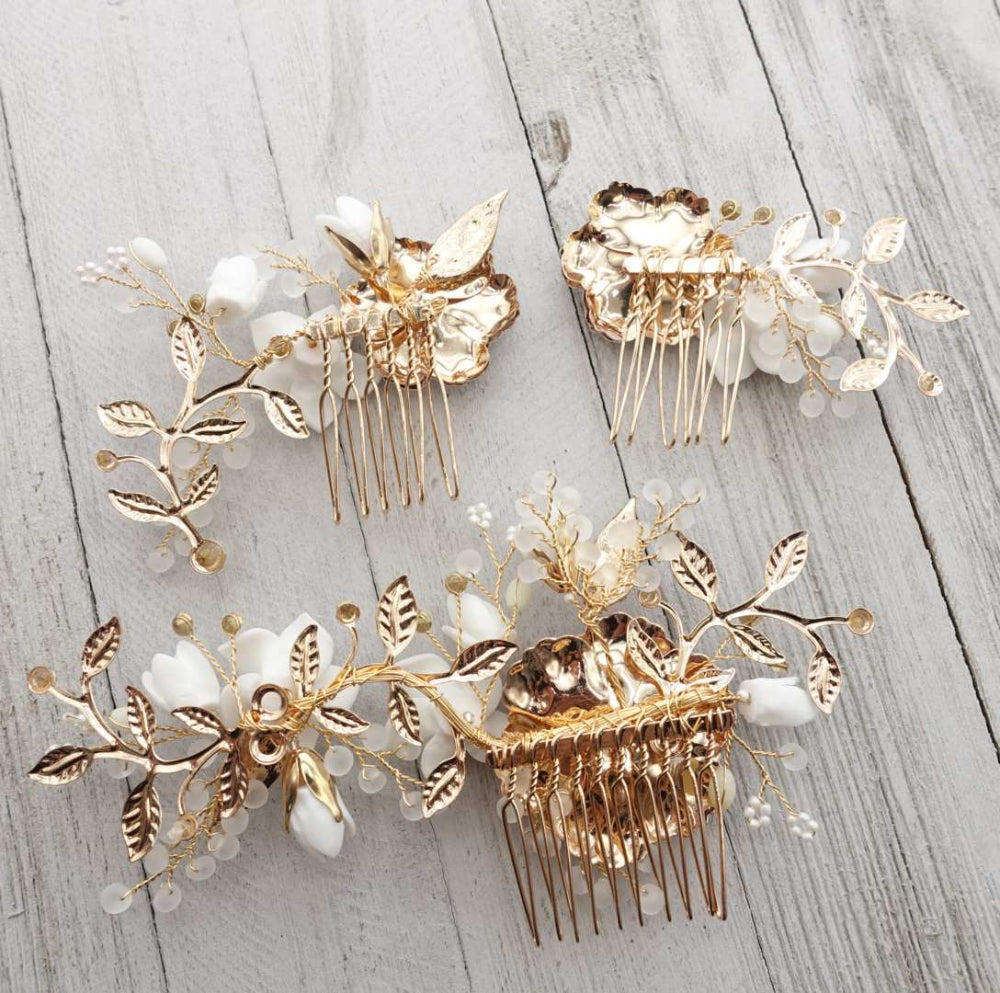 【ヘッドドレス】小枝 ゴールド & ホワイト フラワー 3P ブライダルアクセサリー 【結婚式 ヘアアクセサリー】