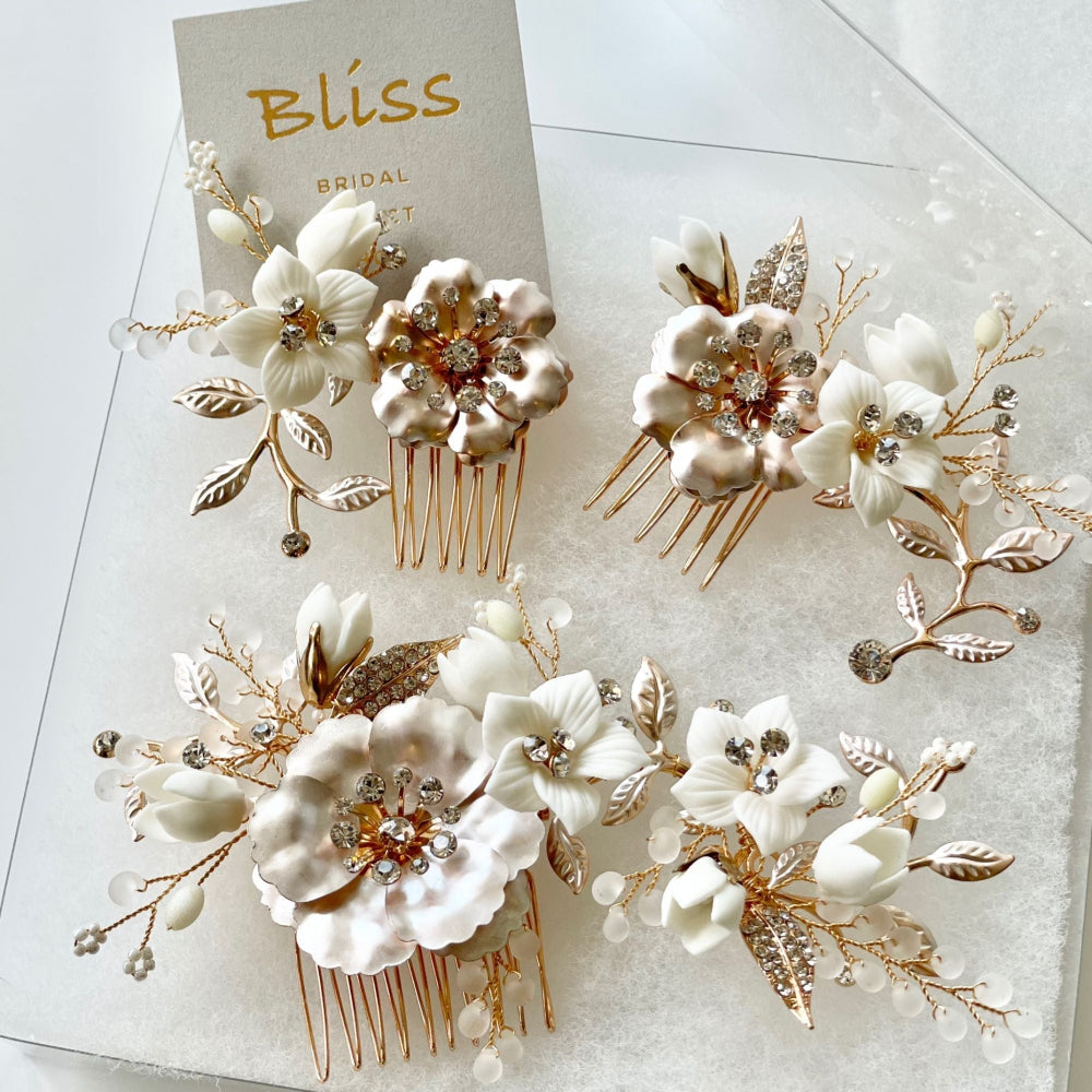 【ヘッドドレス】小枝 ゴールド & ホワイト フラワー 3P ブライダルアクセサリー 【結婚式 ヘアアクセサリー】
