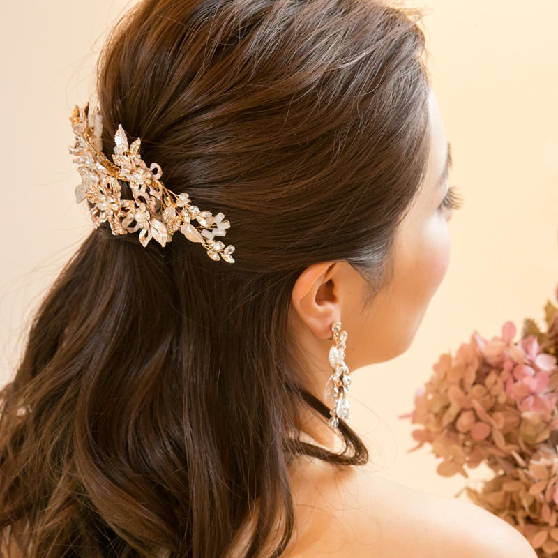 【ヘッドドレス】ゴールドフラワー&リーフクリスタル ブライダルアクセサリー 【結婚式 ヘアアクセサリー】