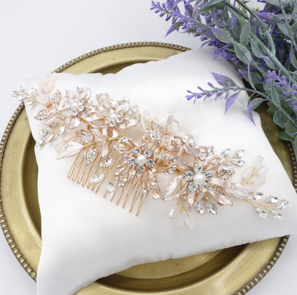 【ヘッドドレス】ゴールドフラワー&リーフクリスタル ブライダルアクセサリー 【結婚式 ヘアアクセサリー】