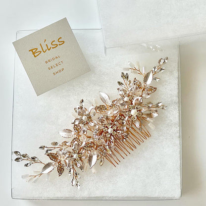 【ヘッドドレス】ゴールドフラワー&リーフクリスタル ブライダルアクセサリー 【結婚式 ヘアアクセサリー】