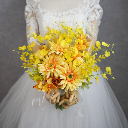 ガーベラとオンシジュームのイエローブーケ【結婚式　フワラー　アーティフィシャルフラワー　ブーケ　ブートニア】