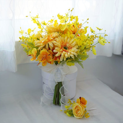 ガーベラとオンシジュームのイエローブーケ【結婚式　フワラー　アーティフィシャルフラワー　ブーケ　ブートニア】