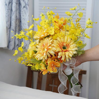 ガーベラとオンシジュームのイエローブーケ【結婚式　フワラー　アーティフィシャルフラワー　ブーケ　ブートニア】