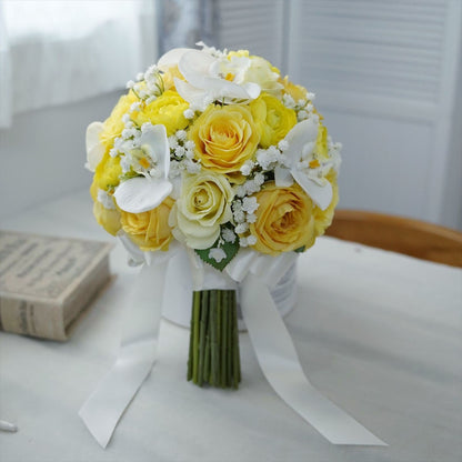 黄色のバラと胡蝶蘭のラウンドブーケ　ヘアパーツプレゼント【結婚式　フラワー　造花　ブーケ　ブートニア】