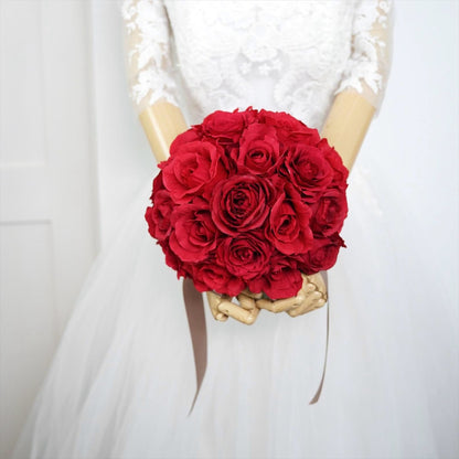 赤いバラのラウンドブーケ　【結婚式　フラワー　造花　ブーケ　ブートニア】