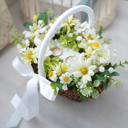 黄色のデージーとカスミソウのリングピロー【結婚式　リングピロー】