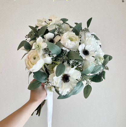 【高級造花】レンタルブーケ : アネモネホワイト/ Anemone White 【結婚式 フラワー 造花 ブーケ ブートニア レンタル】