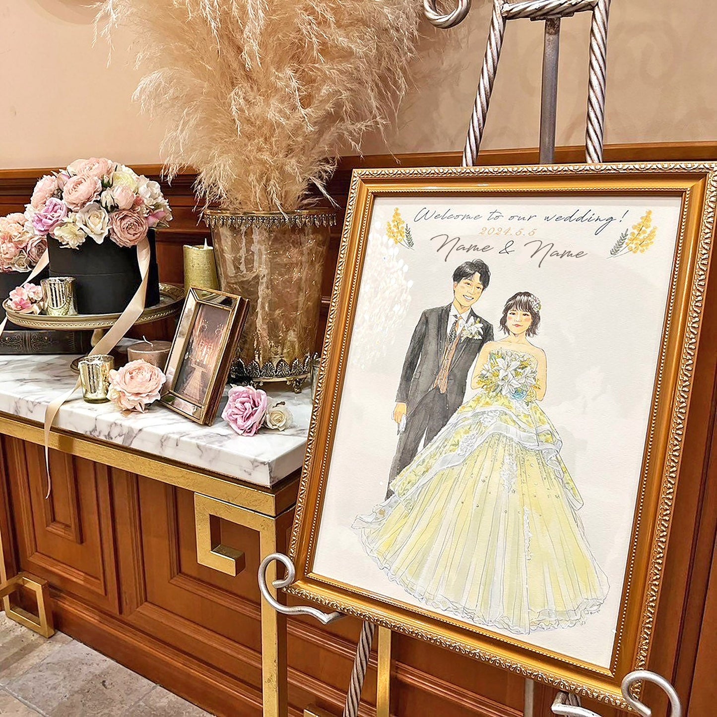 水彩似顔絵ウェルカムボード【A3サイズ・水彩画・フレーム付き】【結婚式 ウェルカムボード オーダーメイド】