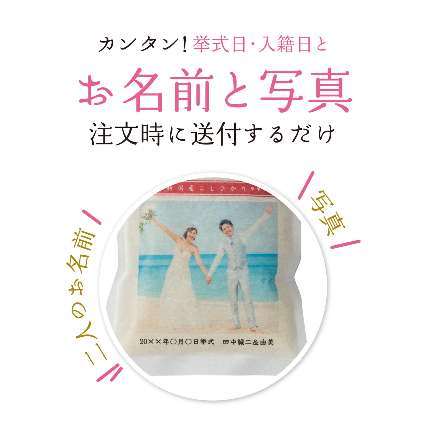 【こしひかり300gプチギフト】結婚式 の引出物に新郎新婦のお名前入りお米のギフト【写真タイプ】