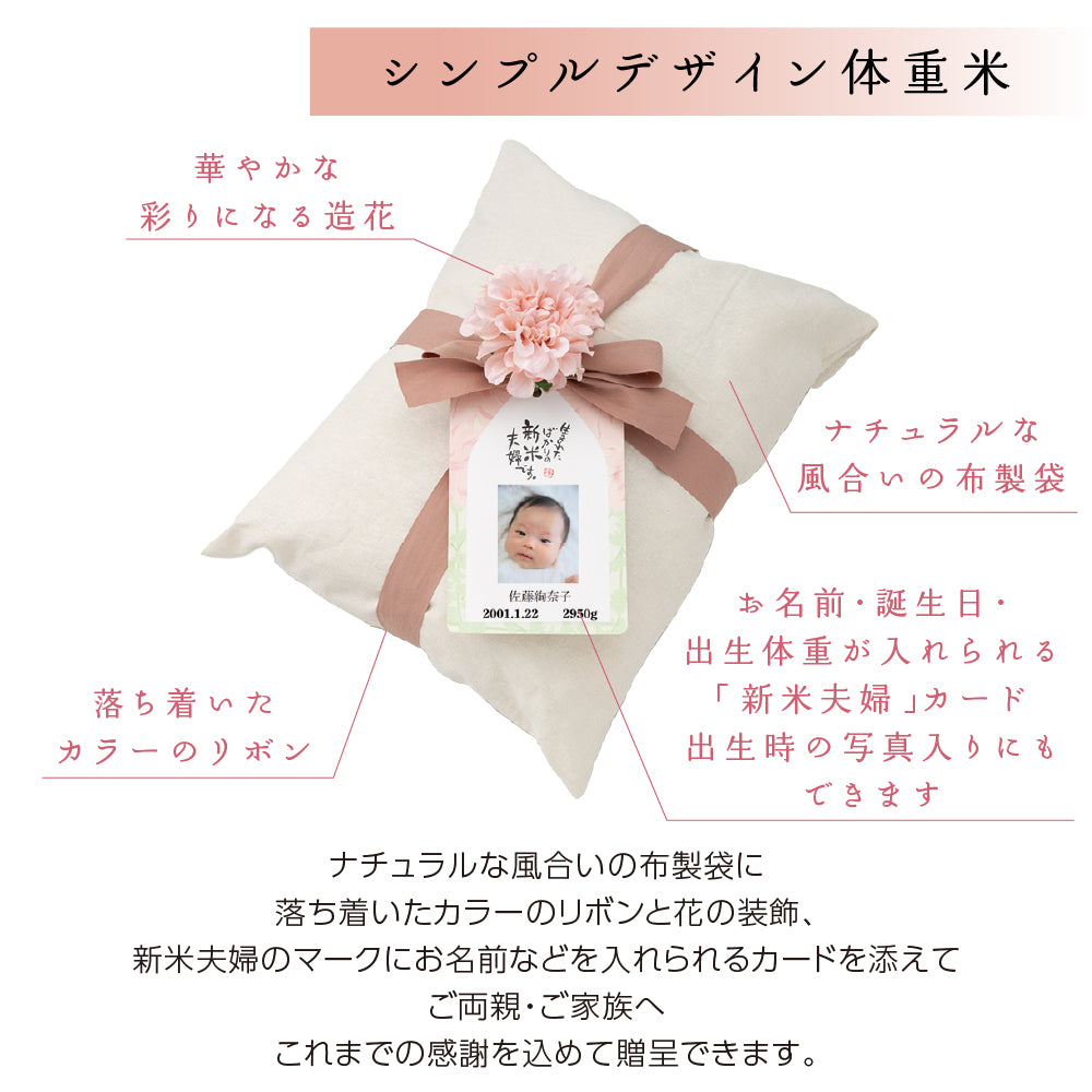 【新米夫婦の体重米】新郎新婦のお名前入りの札をつけた華やかな袋入り体重米【写真タイプ2個セット】