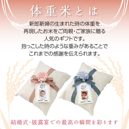 【新米夫婦の体重米】新郎新婦のお名前入りの札をつけた華やかな袋入り体重米【写真タイプ2個セット】