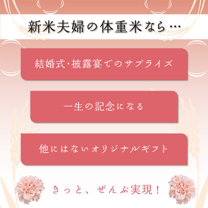 【新米夫婦の体重米】新郎新婦のお名前入りの札をつけた華やかな袋入り体重米【写真タイプ2個セット】