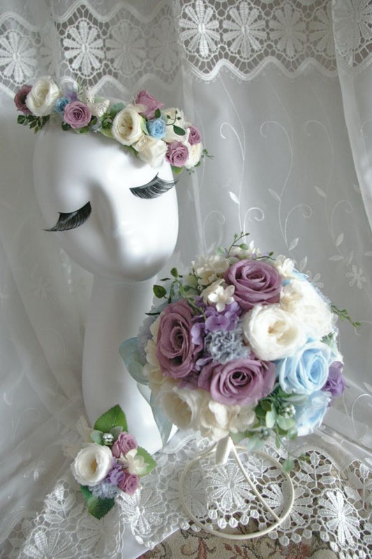 【プリザーブド】オーダーメイド[ラウンドブーケ・花冠セット] 【結婚式 フラワー ドライフラワー ブーケ ブートニア オーダーメイド】