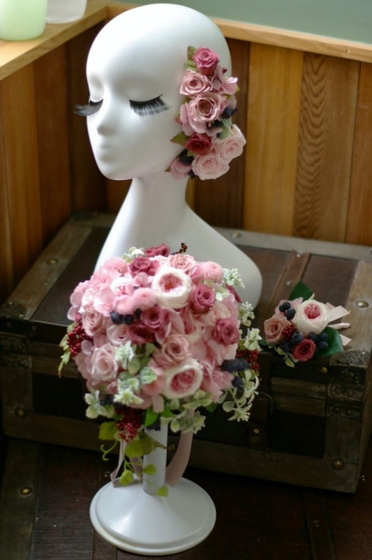 【プリザーブド】オーダーメイド[ラウンドブーケ(グラン・アミュースド)セット] 【結婚式 フラワー ドライフラワー ブーケ ブートニア オーダーメイド】