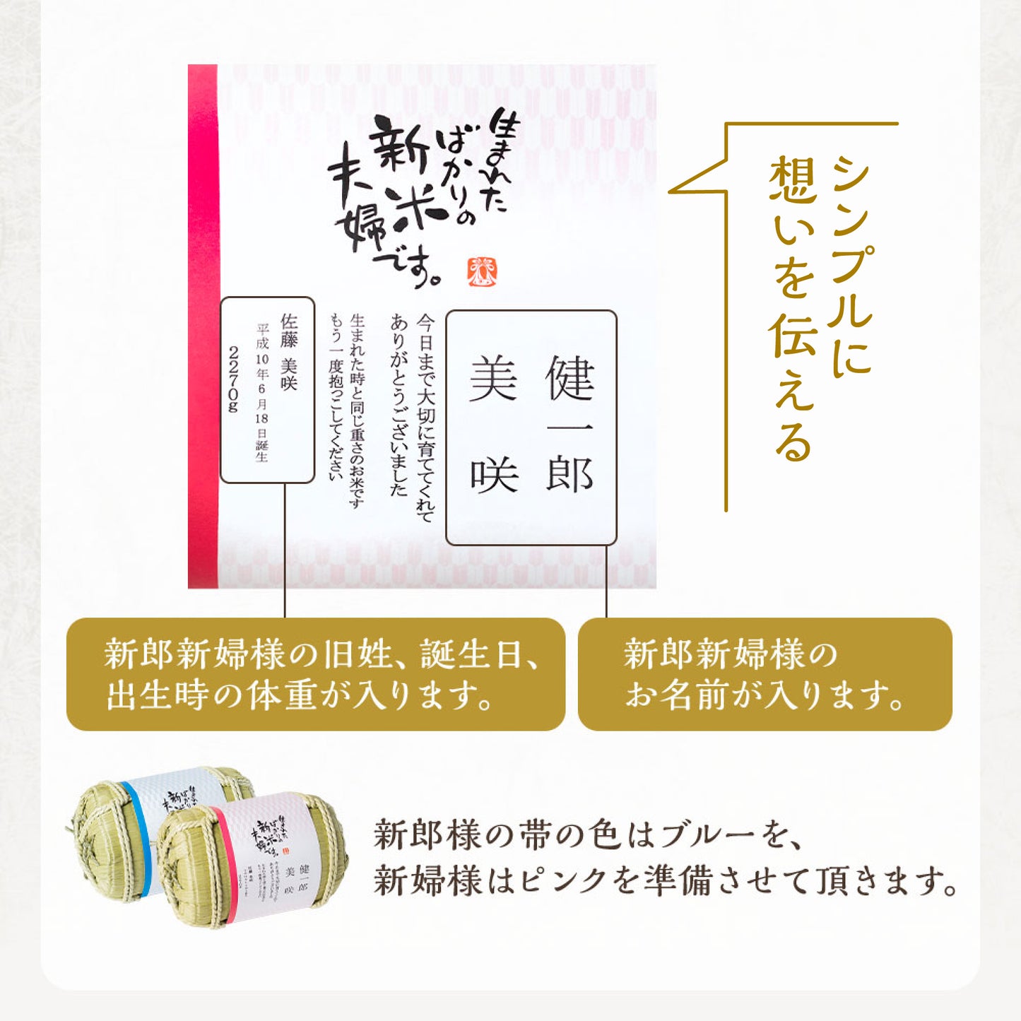 【生まれたばかりの新米夫婦です】新郎新婦のお名前入り俵形体重米で両親贈呈に【文字タイプ2個セット】