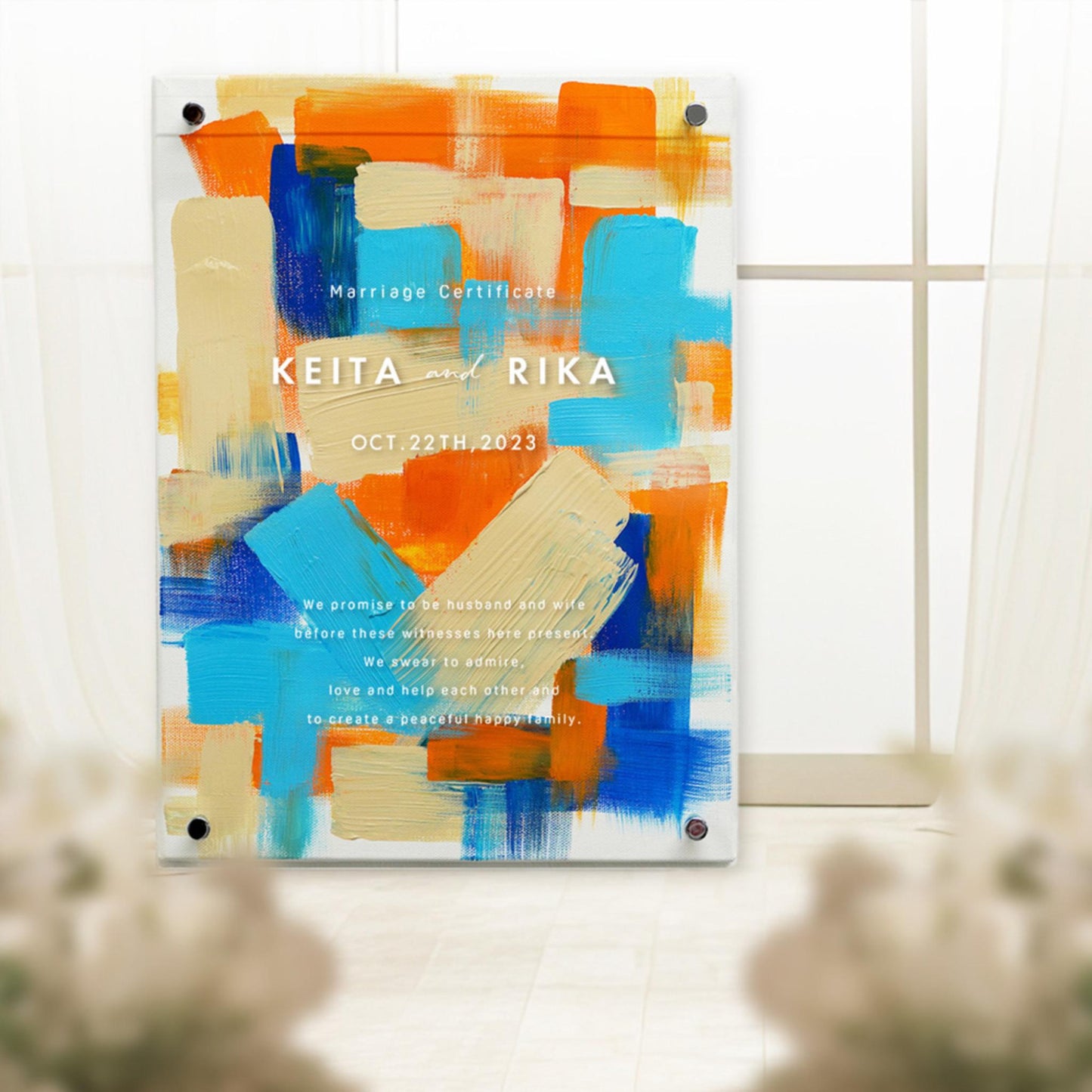 ゲスト参加型 ウェディングキャンバス 【結婚証明書 名入れ ペイントキャンバス 軽量 割れない / LINSL 日本製 ブライダル ウェディング 結婚証明書 ノンフレーム 壁掛け 立てかけ F4サイズ F6サイズに変更可】