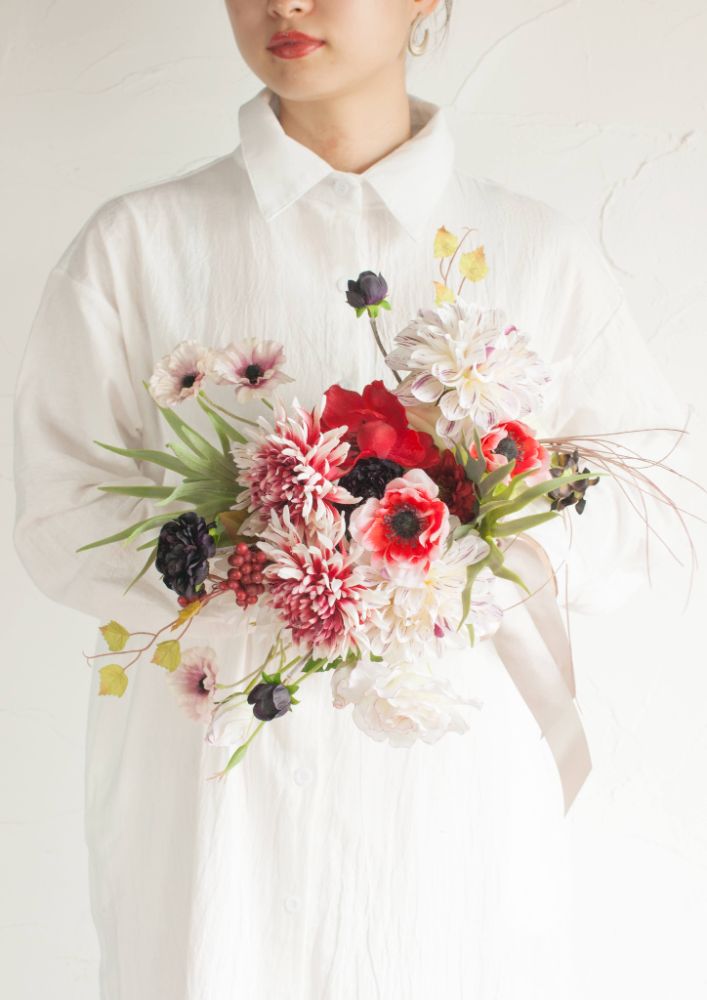 【造花】Girly-Pop赤のアネモネブーケ 【結婚式 フラワー 造花 ブーケ ブートニア】