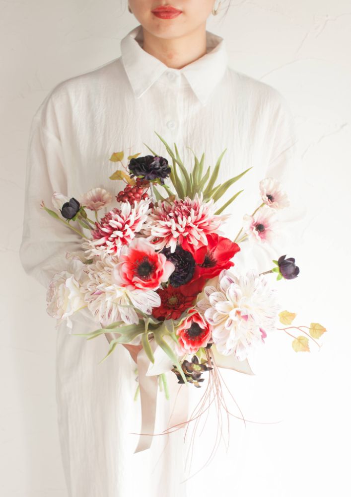 【造花】Girly-Pop赤のアネモネブーケ 【結婚式 フラワー 造花 ブーケ ブートニア】